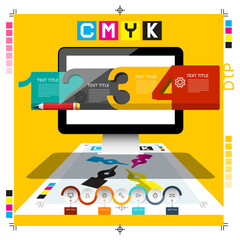 DTP - desktop publishing concept with computer and CMYK artwork - vector