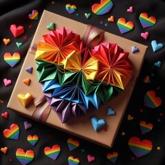 Gift box of LGBTQ love with large rainbow heart on a black fabric background. Digital illustration, generative ai