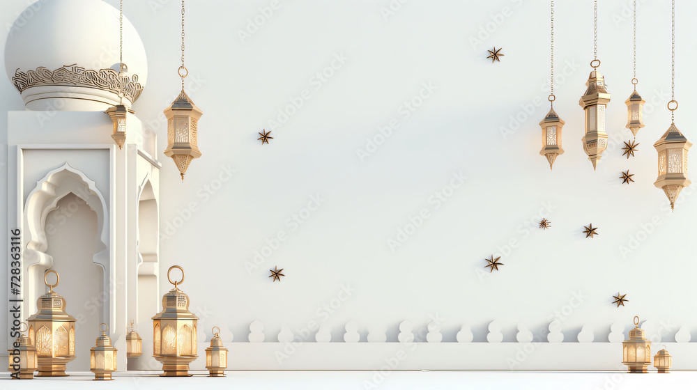 Fototapete elegant ramadan kareem lantern with white background text copy space. generative ai