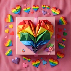 LGBTQ Valentine's Day gift box with a large rainbow heart of rainbow colors on a pink fabric background. Digital illustration, generative ai