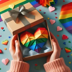 LGBTQ woman receiving Valentine's Day gift with a large rainbow heart origami heart. Digital illustration, generative ai