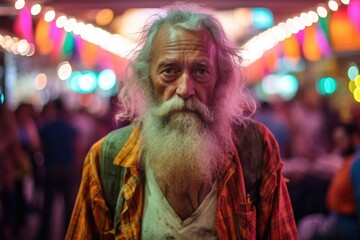 Obraz premium An old man with a long beard standing in a crowded market. Generative AI.