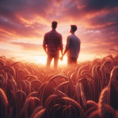 Romantic LGBT gay couple holding hands at sunset in a wheat field. Digital illustration. Generative AI