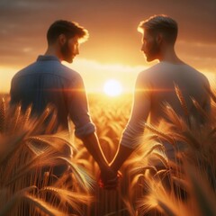 Romantic LGBT gay couple holding hands at sunset in a wheat field. Digital illustration. Generative AI