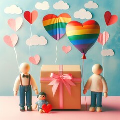 LGBTQ parents gift box with a large rainbow heart balloon of rainbow colors and their kid. LGBTQ parenting concept. Digital illustration, generative ai