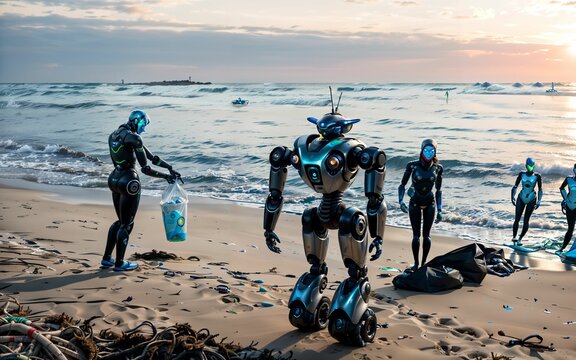 Robots for a Cleaner Future Enhancing Environmental Conservation with Robotic Volunteers in Beach Cleanup Initiatives ai generated