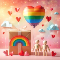 LGBTQ gay lovers gift box with a large rainbow heart balloon of rainbow colors and male dolls. LGBTQ love concept. Digital illustration, generative ai