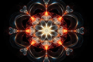 Psychedelic mandala fractal pattern, vibrant, neon, vintage decorative element, purple, orange, blue on black