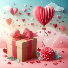 Gift box of love with a heart shaped red balloon. Love concept. Digital illustration, generative ai