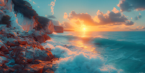sunset on the coast, sunset over the ocean, sunset over the sea, a coastal cliff at sunrise