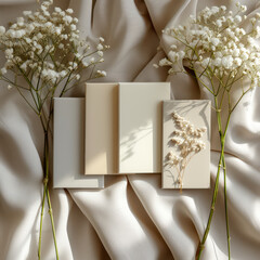 Elegant invitation or greeting card flat lay minimalist, neutral tones. Decorative flowers in a luxurious, gifting beautifully for a birthday or wedding celebration. Generative AI