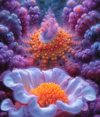 Fototapeta premium Psychedelic mandala fractal pattern, floral forms, vibrant, neon, vintage decorative element