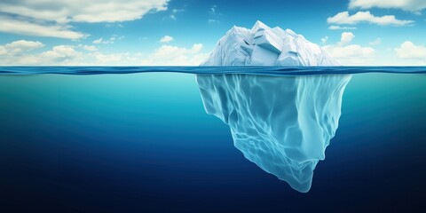 Amazing iceberg with a hidden iceberg underwater in the ocean. The tip of the iceberg, a concept. Creative idea of a hidden danger. Global warming and melting glaciers