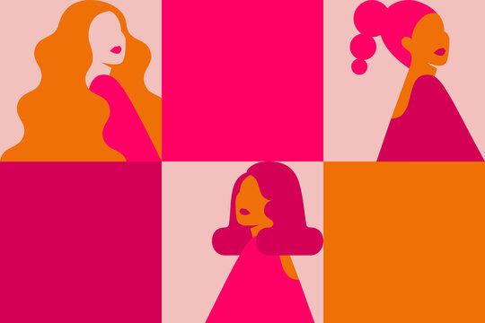 Poster with silhouettes of women and square empty spaces for text. Horizontal Banner with girls in pink colors for Womens Day celebration. Vector background for Empowerment of females.
