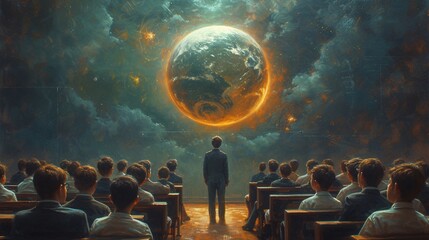 Earth Rising - A captivating painting of a man standing in front of a classroom. Generative AI