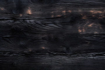 Texture of black and dark brown old wood. Charred and burnt old Board with knots. Wide burned board...