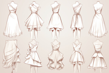 handmade sketches of women's fashion dresses and patterns
