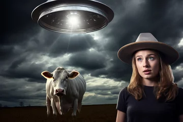 Photo sur Plexiglas UFO woman and cow holding metallic hats, exaggerated emotions, futuristic spaceship, ufos in the sky, conspiracy theory concept