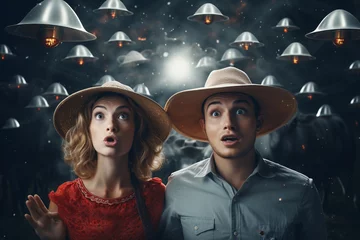 Photo sur Plexiglas UFO man and woman holding metallic hats, exaggerated emotions, futuristic spaceship, ufos in the sky, conspiracy theory concept