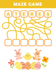 Word maze worksheet for kids with cute easter illustration. Labyrinth game for preschool children. Fun spelling practice activity.