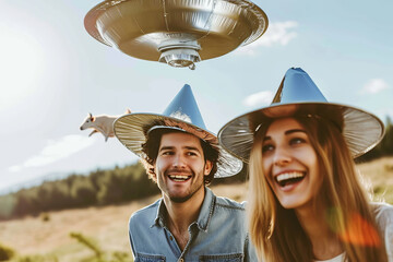 man and woman holding metallic hats, flying cow in the sky, exaggerated emotions, futuristic spaceship, ufos in the sky, conspiracy theory concept