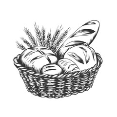Fototapeta premium Wicker rustic basket full of baked fresh bread. Bakery food, breadstuff sketch vintage vector illustration flour products in Engraving style for special offer, bakery shop, windows design.