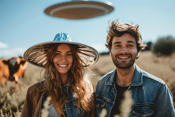 Papier Peint photo UFO man and woman holding metallic hats, exaggerated emotions, futuristic spaceship, ufos in the sky, conspiracy theory concept, sunlight