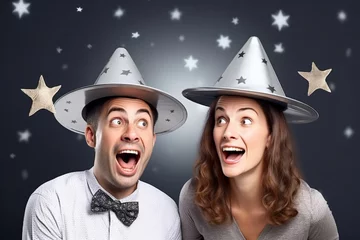 Photo sur Plexiglas UFO man and woman holding metallic hats, exaggerated emotions, futuristic spaceship, ufos in the sky, conspiracy theory concept