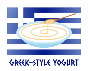 Greek-style yogurt. Strained yogurt from Greece served with honey. Plate with yogurt in front of Greek flag. Hand drawn vector eps.