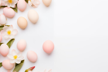 Easter holiday background with eggs and flowers. Easter template, mockup, with copy space for text.