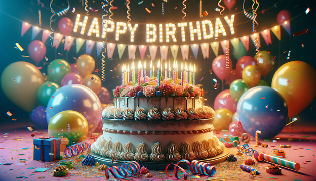 Happy birthday wallpapers greeting cards 3D happy birthday background, birthday cake illustration with candles Gifts for children and adults, Generative AI.	