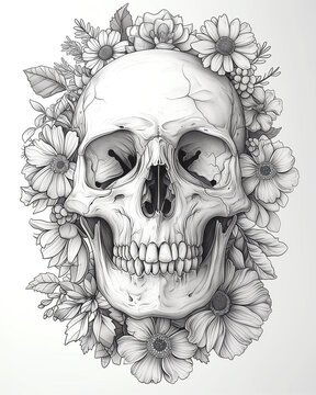 Skull and flowers hand drawn illustration. For coloring book. Antistress