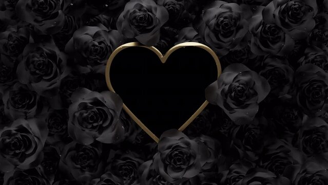 Golden heart frame with Alpha Channel covered by rotating black roses