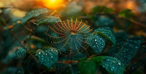 Dew Kissed Spiderweb on Green Leaves with Golden Morning Light and Water Droplets