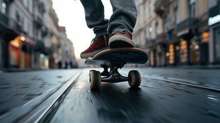 skateboarder riding on the road with motion blur effect.