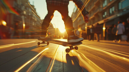 skateboarder riding on the road with motion blur effect.