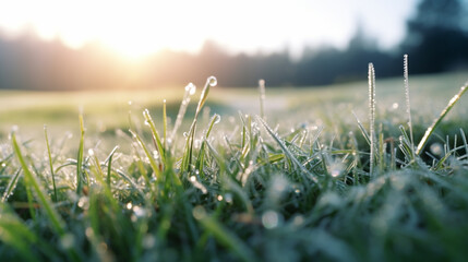 A view of dew on a green meadow with frost , Ultra Realistic, National Geographic, Canon EOS R6, 35mm prime lens, f/2.0 aperture, evening, celebratory, color positive film.