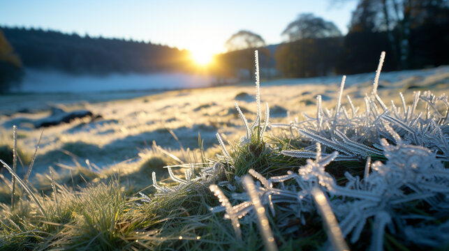 A view of dew on a green meadow with frost , Ultra Realistic, National Geographic, Canon EOS R6, 35mm prime lens, f/2.0 aperture, evening, celebratory, color positive film. 