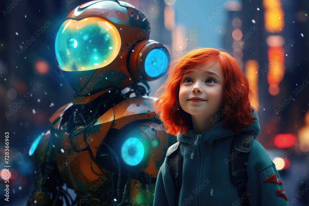 Wall mural back to school concept, human kid use robot for simplifying life with ai generative ai