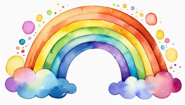 Cute hand painted watercolor rainbow with clouds. Illustration isolated on white background