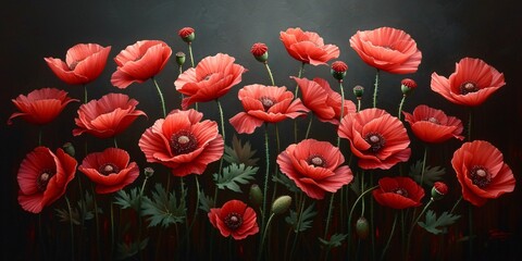 Blooming Beauties A Vibrant Display of Poppies in Red and Green Generative AI