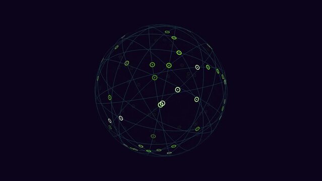 A circular network of interconnected nodes illustrated by lines, with dots symbolizing the number of connections between each node. The center node represents the starting point