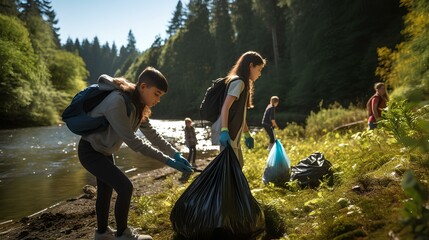 A volunteer group cleaning up litter in natural or urban environments