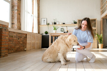 Young woman feeding golden retriever from a bowl in living room.