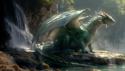 A green dragon sitting on a rock next to a waterfall. Ai generated.