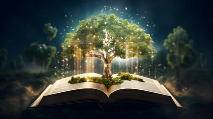 The concept of education by planting a tree of knowledge in the opening of an old book in the library and the magical magic of light that flies to the destination of success. Generative AI.