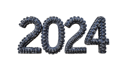 Creative 2024 numerals made from tire tracks texture isolated on transparent background, concept for automotive industry or off-road adventure