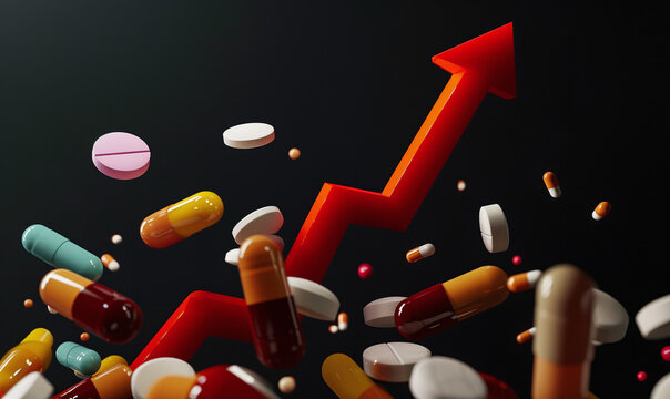 A red upward arrow flows from various drugs and medicine pill. Pharmaceutical drug prices rising concept.