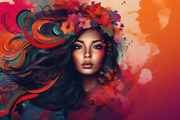 AAPI heritage month. Asian American and Pacific Islander. Bright colorful banner with beautiful woman portrait