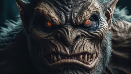 a close up of a demon with red eyes and a furry face